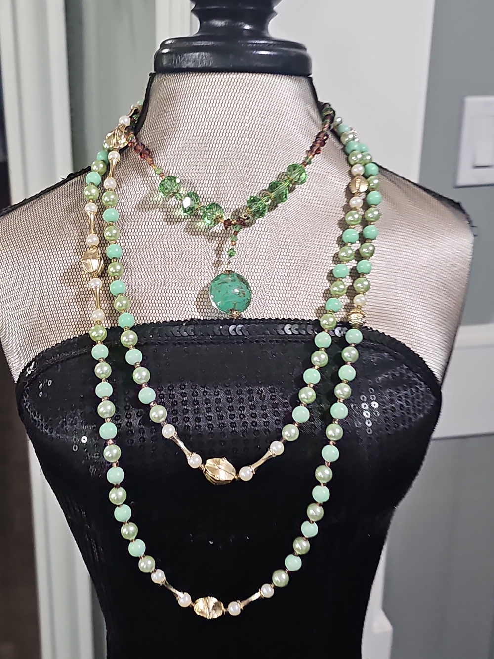 Green Beaded Layered Necklace Set - Women Jewelry (2 necklaces)